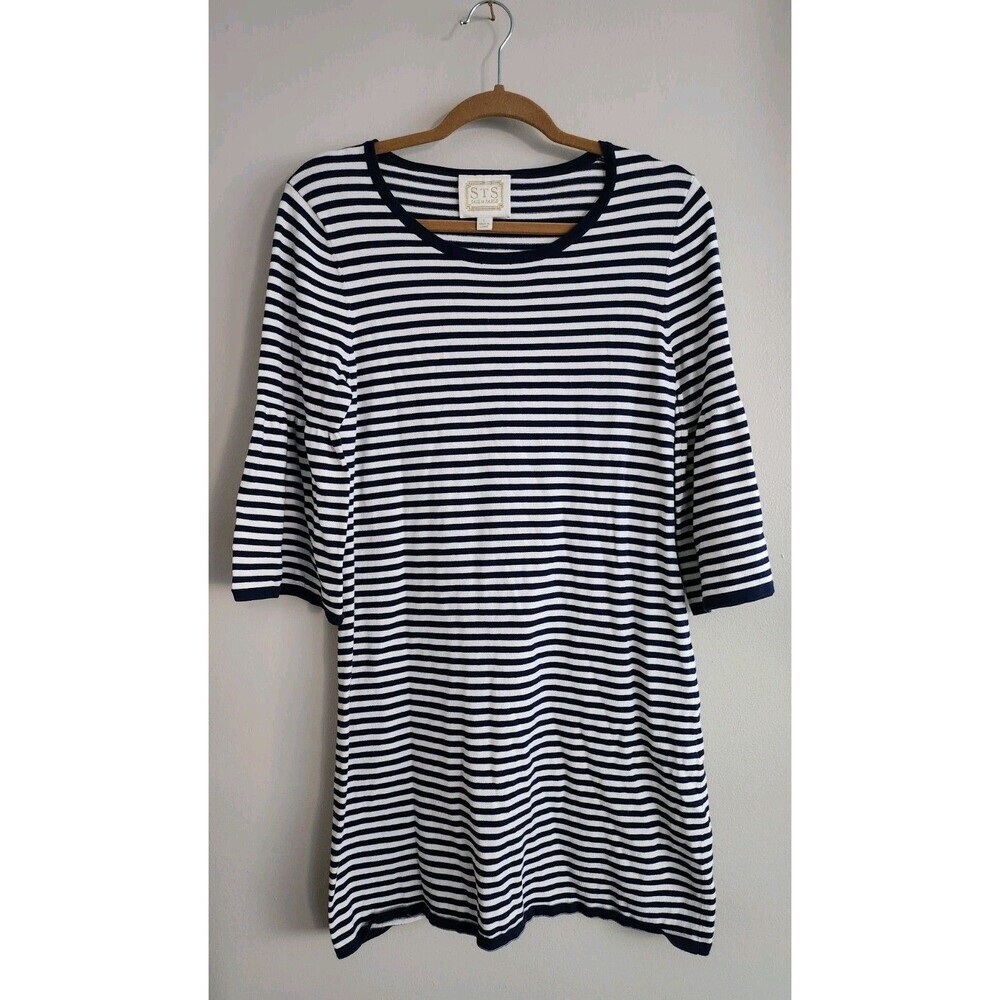 Sail To Sable Navy Striped Bell Sleeve Cotton Blend Dress Size Large